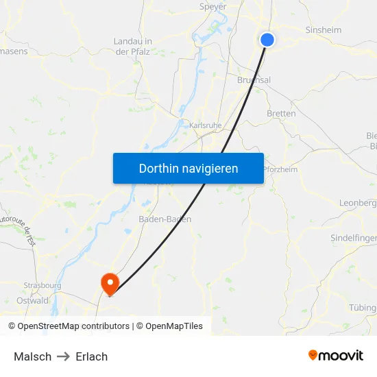 Malsch to Erlach map