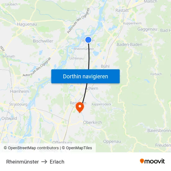 Rheinmünster to Erlach map