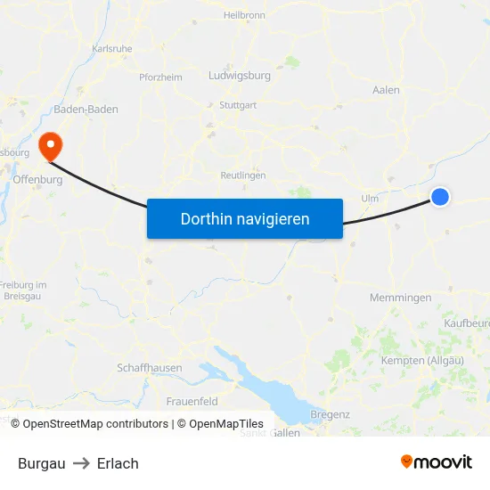 Burgau to Erlach map