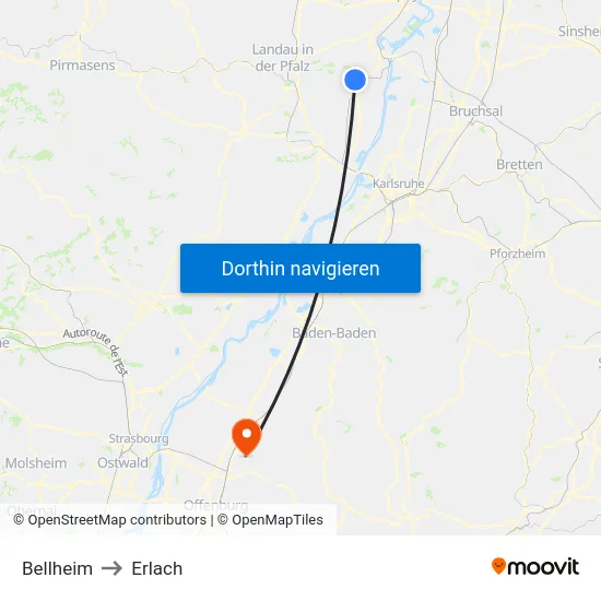 Bellheim to Erlach map