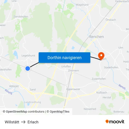 Willstätt to Erlach map