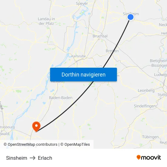 Sinsheim to Erlach map