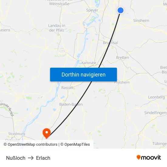 Nußloch to Erlach map