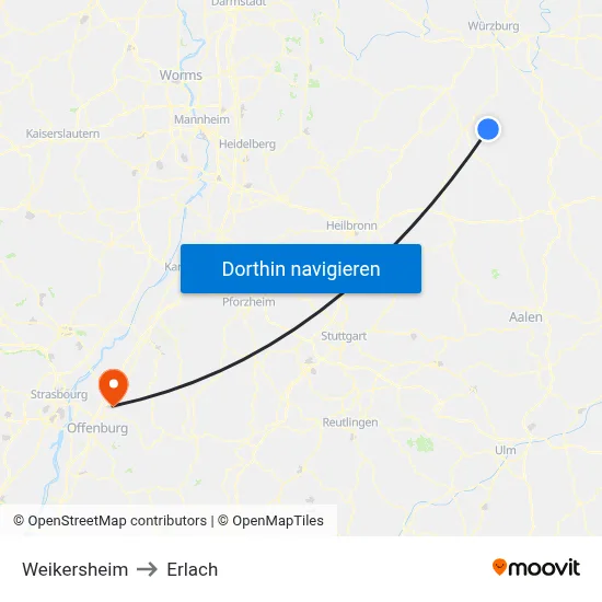 Weikersheim to Erlach map