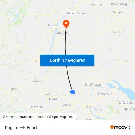 Dogern to Erlach map