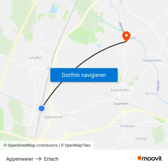 Appenweier to Erlach map