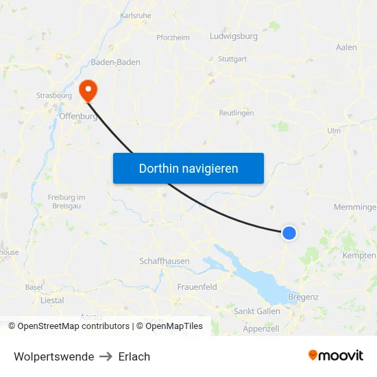 Wolpertswende to Erlach map