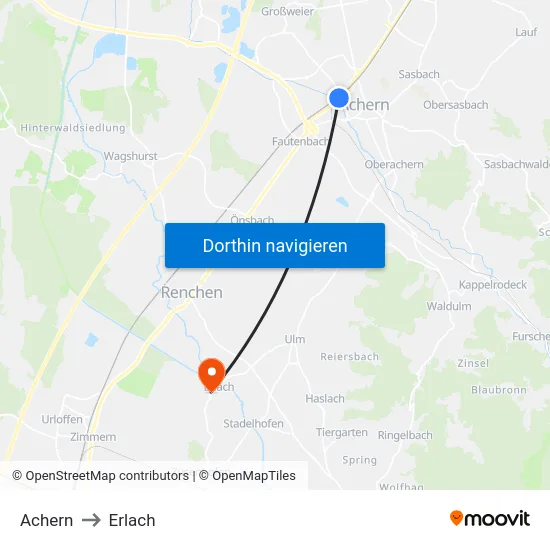 Achern to Erlach map