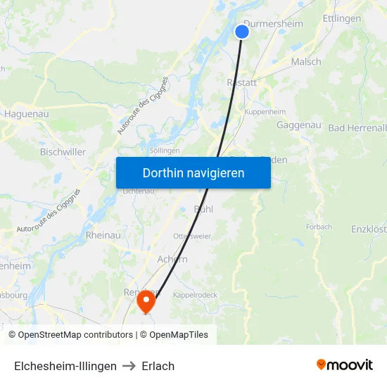 Elchesheim-Illingen to Erlach map