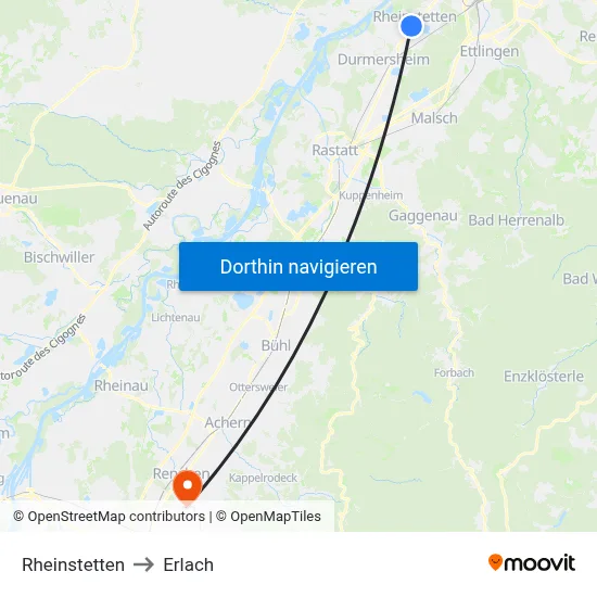 Rheinstetten to Erlach map