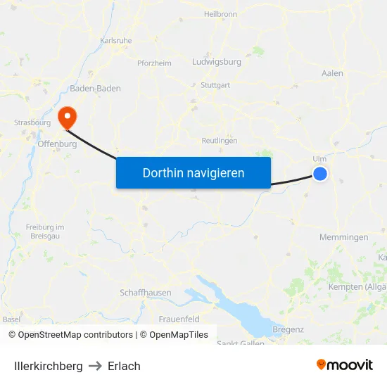 Illerkirchberg to Erlach map