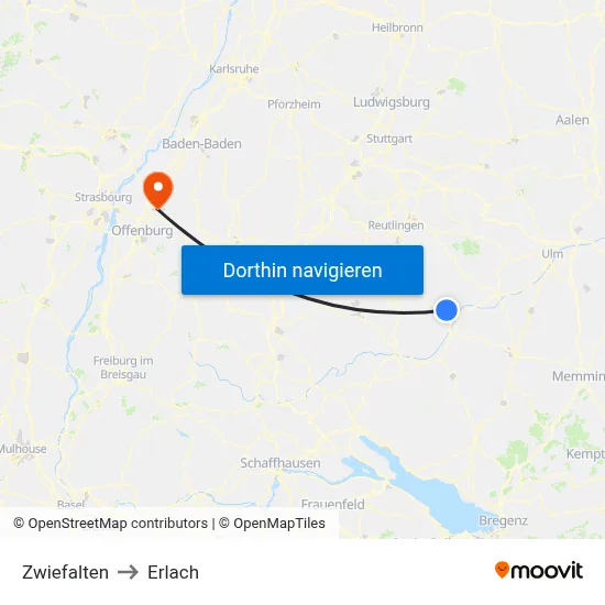 Zwiefalten to Erlach map