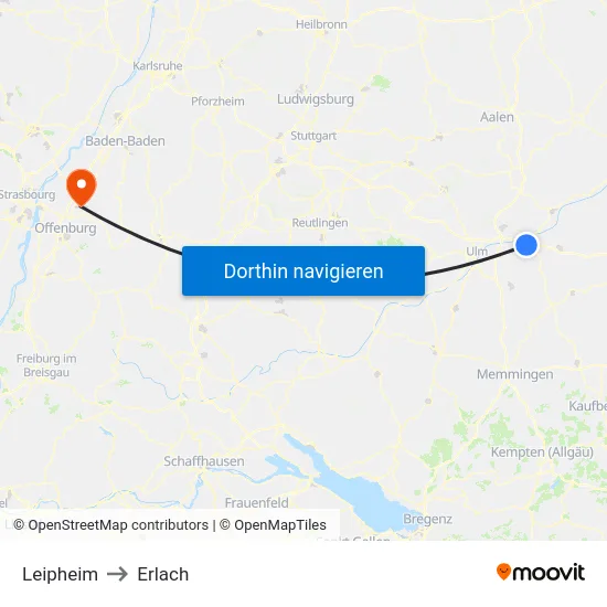 Leipheim to Erlach map