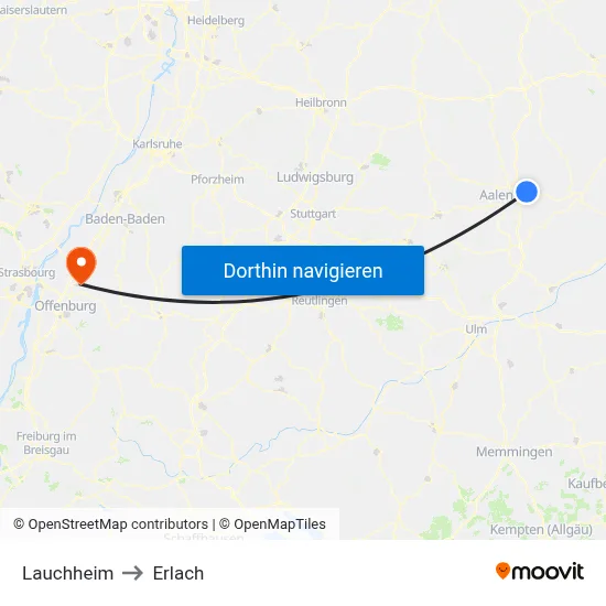 Lauchheim to Erlach map