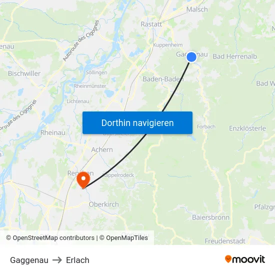 Gaggenau to Erlach map