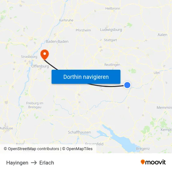 Hayingen to Erlach map
