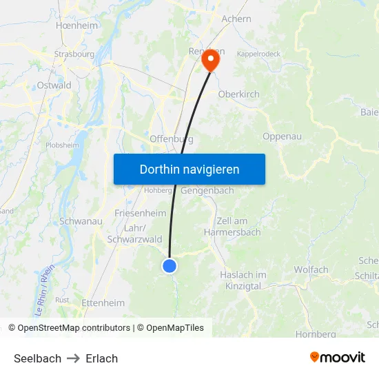 Seelbach to Erlach map