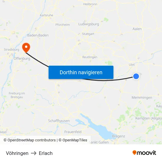 Vöhringen to Erlach map