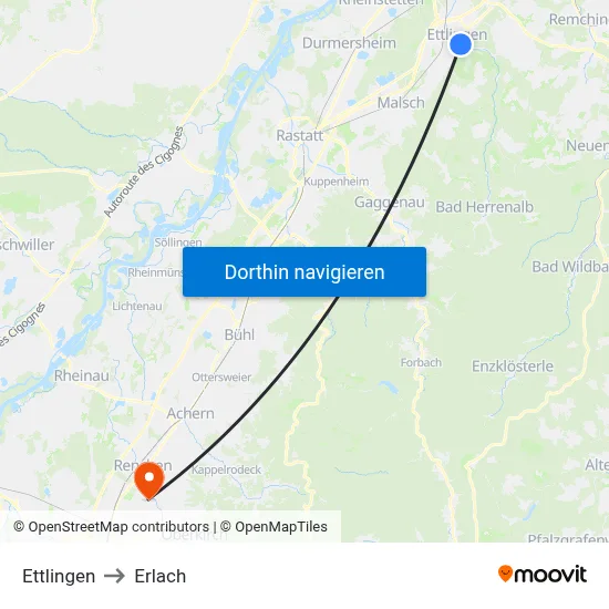 Ettlingen to Erlach map