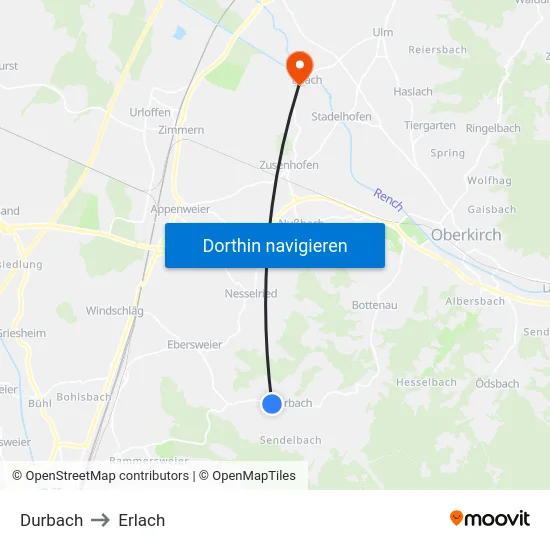 Durbach to Erlach map