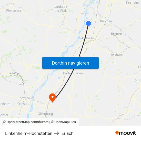 Linkenheim-Hochstetten to Erlach map