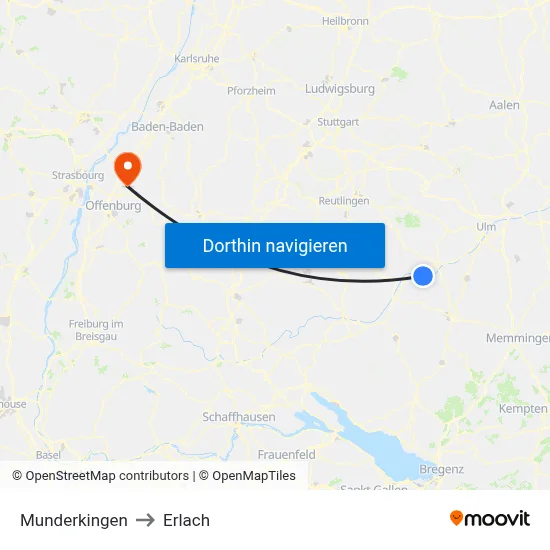 Munderkingen to Erlach map