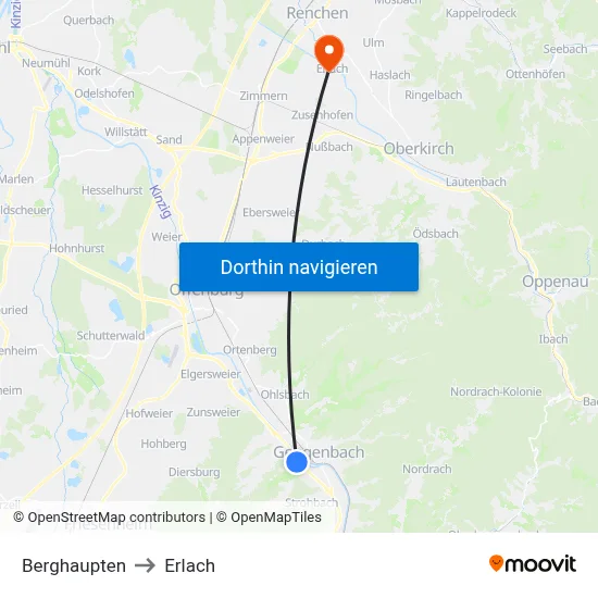 Berghaupten to Erlach map