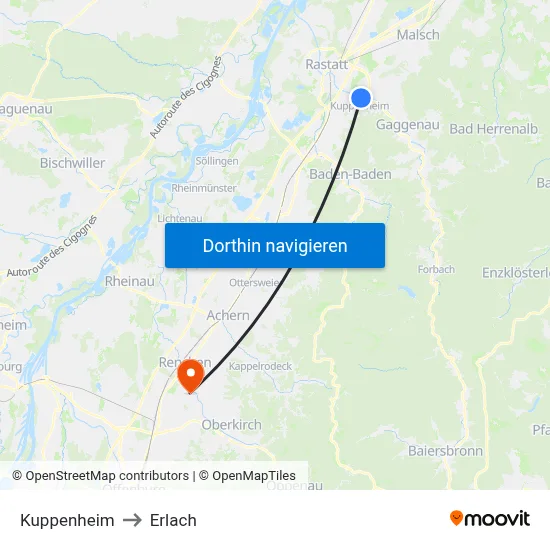 Kuppenheim to Erlach map