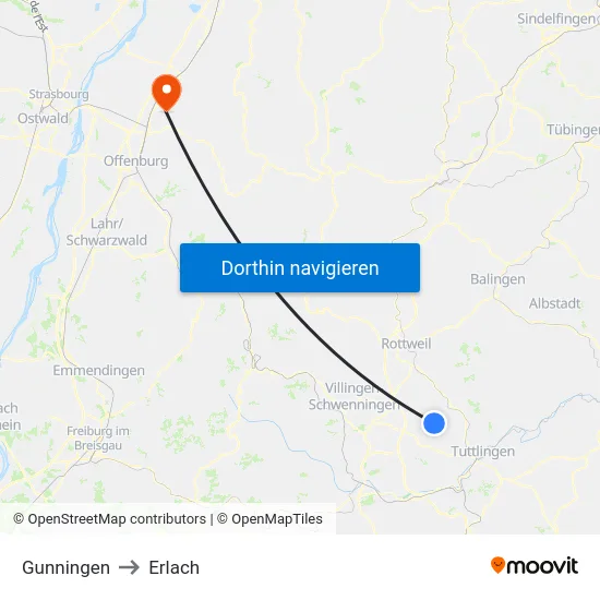 Gunningen to Erlach map