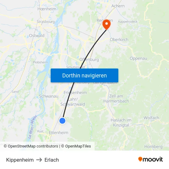 Kippenheim to Erlach map