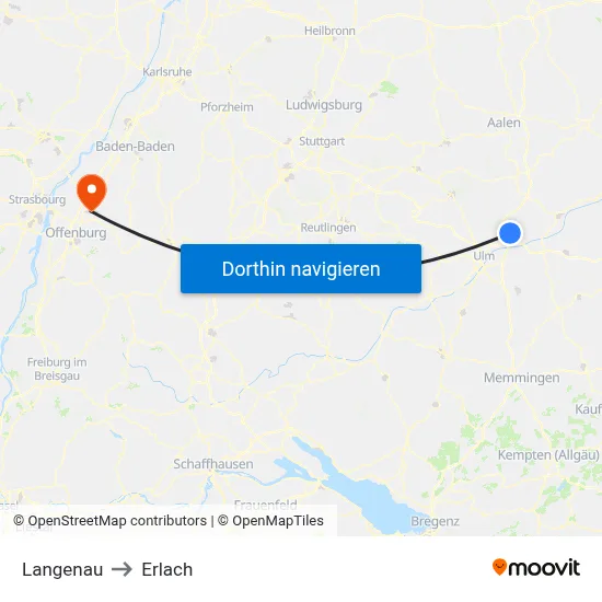 Langenau to Erlach map
