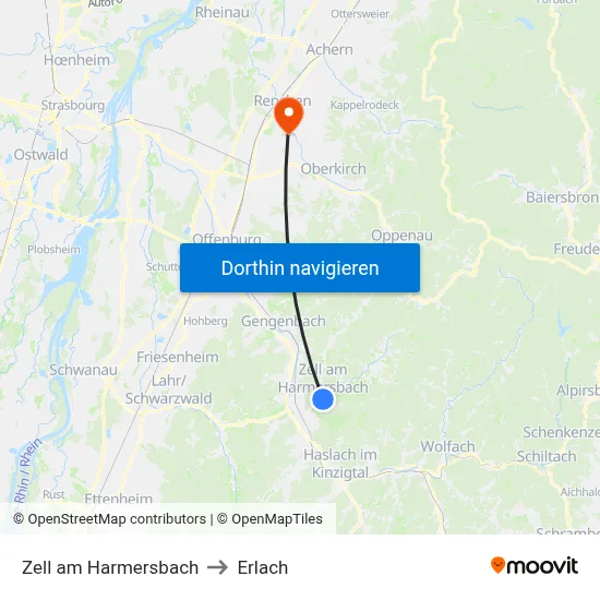 Zell am Harmersbach to Erlach map