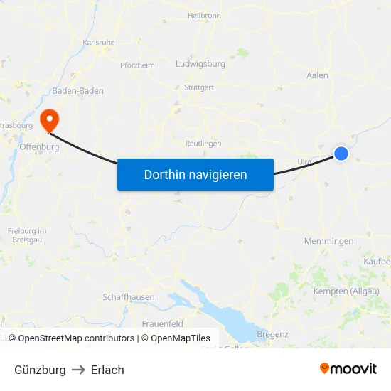 Günzburg to Erlach map