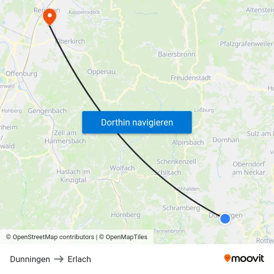 Dunningen to Erlach map