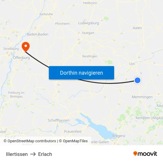 Illertissen to Erlach map