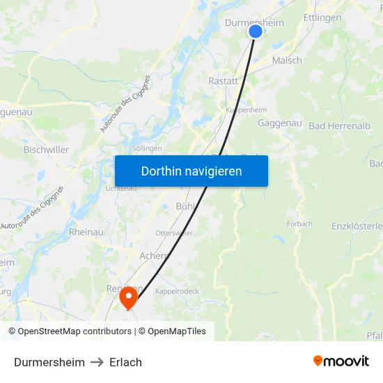 Durmersheim to Erlach map
