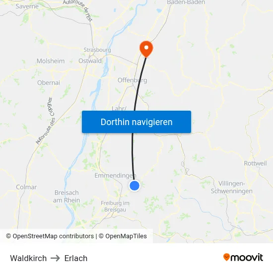 Waldkirch to Erlach map