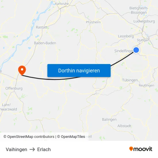Vaihingen to Erlach map