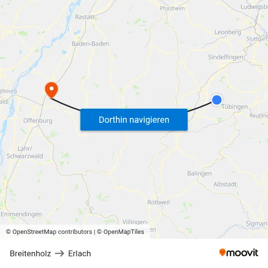 Breitenholz to Erlach map