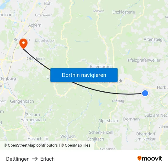 Dettlingen to Erlach map