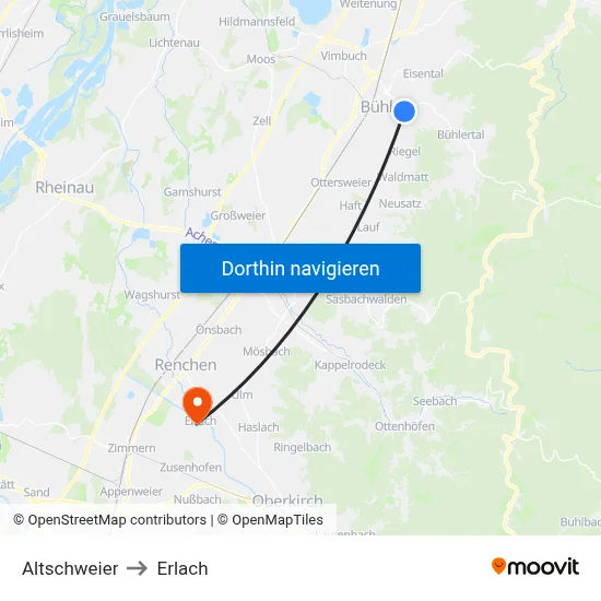 Altschweier to Erlach map