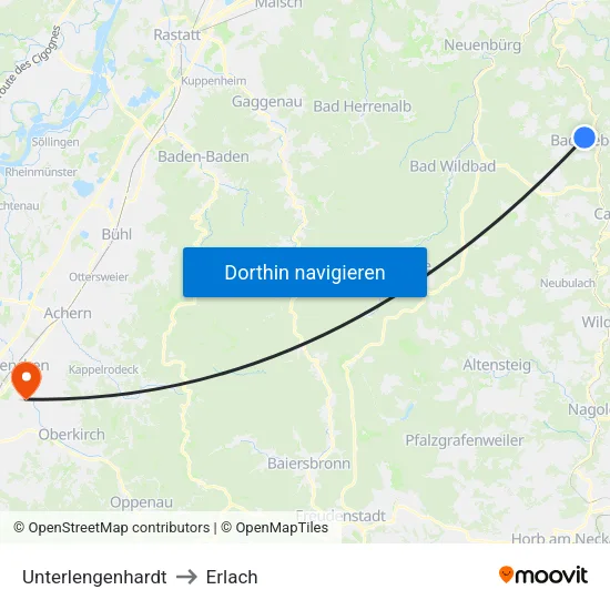 Unterlengenhardt to Erlach map