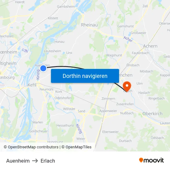 Auenheim to Erlach map