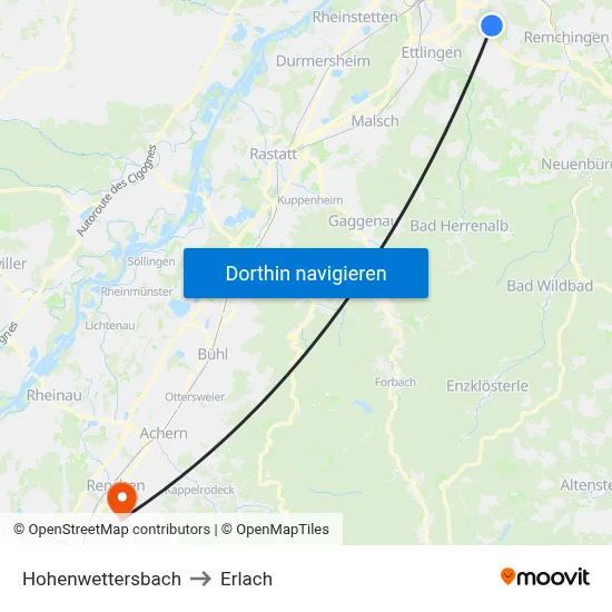 Hohenwettersbach to Erlach map