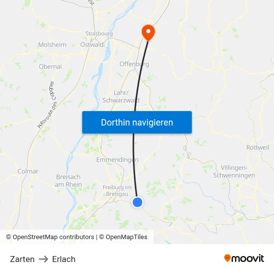 Zarten to Erlach map