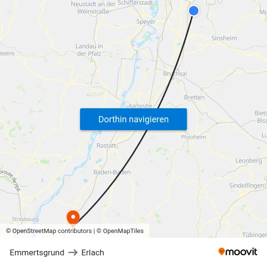 Emmertsgrund to Erlach map
