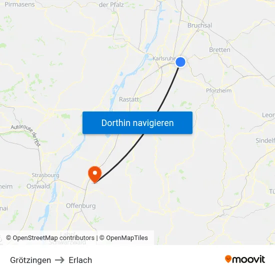 Grötzingen to Erlach map
