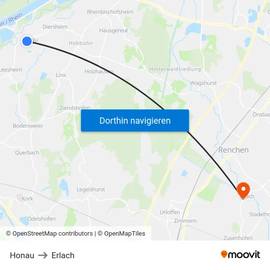 Honau to Erlach map