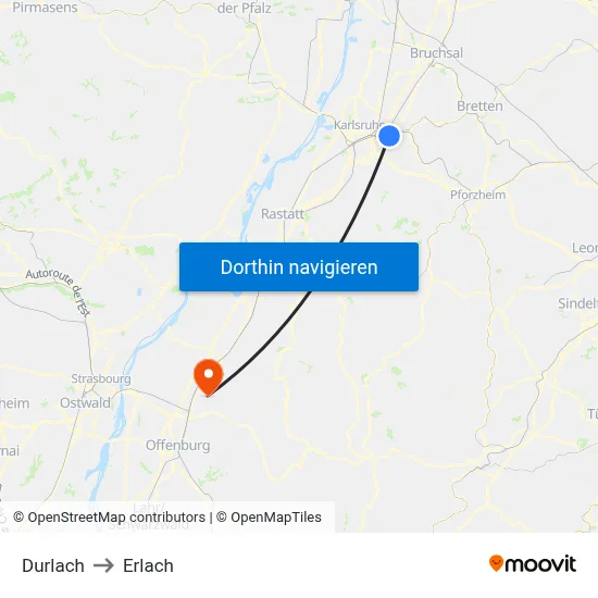 Durlach to Erlach map