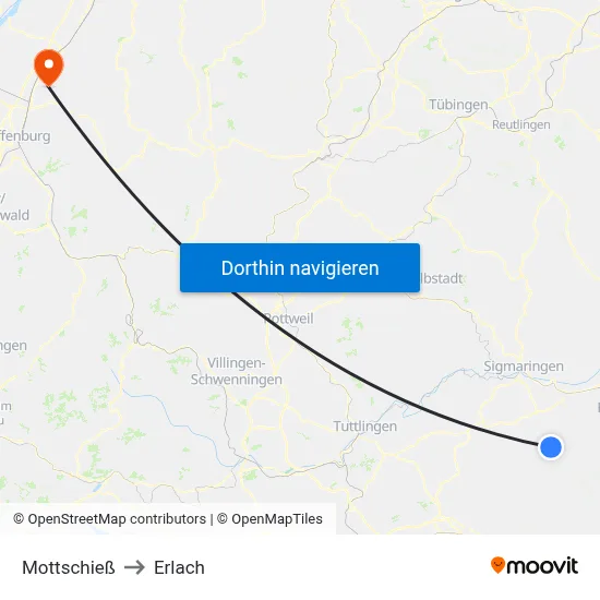 Mottschieß to Erlach map